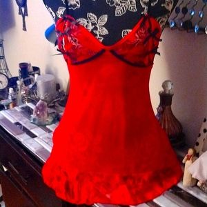 ❤️‍🔥❤️‍🔥👠SHEER RED W/BLACK TRIM PEEKABOO BREAST WITH BLACK BOWS AND THONG NWT